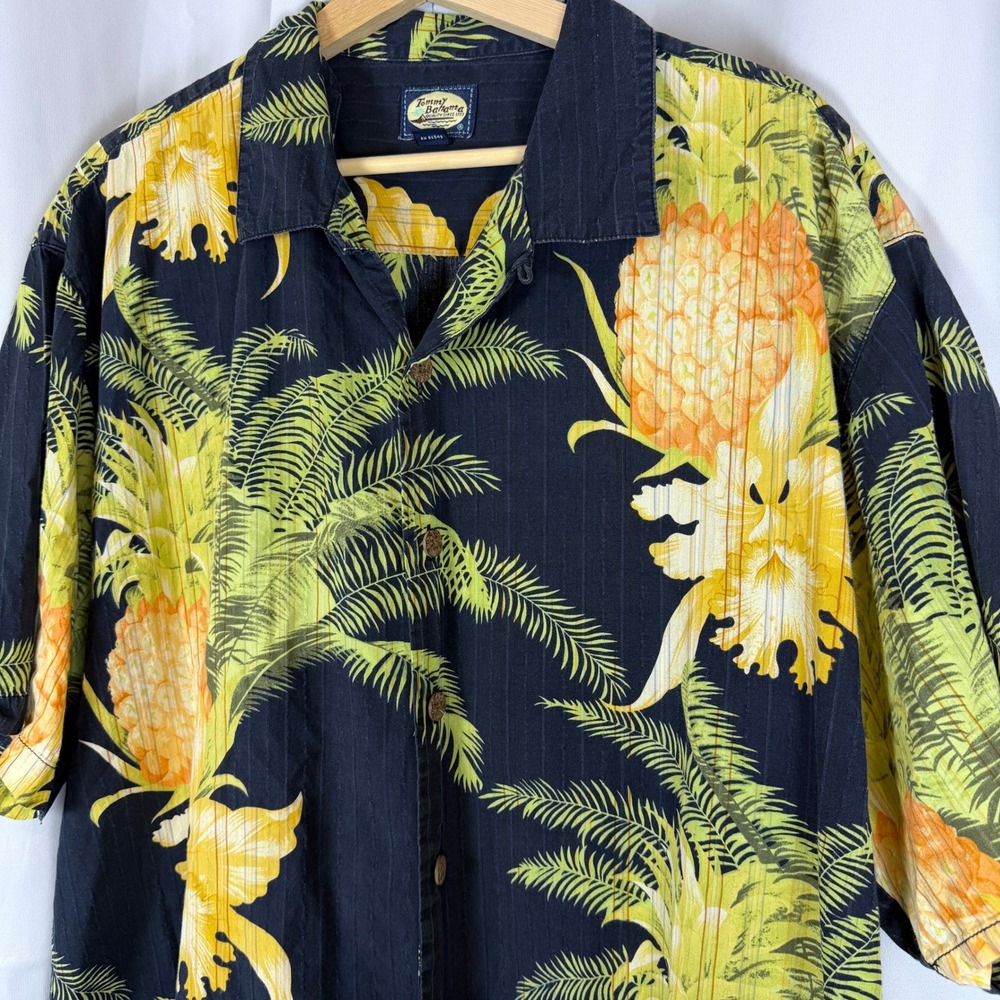 Tommy Bahama Mens XL Tropical Pineapple Palm Cotton Camp Shirt Navy Blue